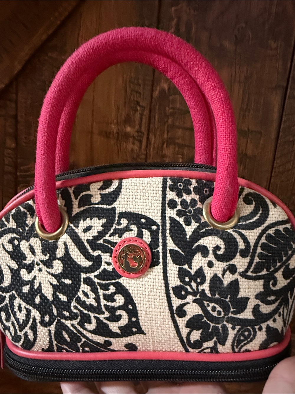 Spartina 449 Black and Cream Floral Satchel with Pink Handles